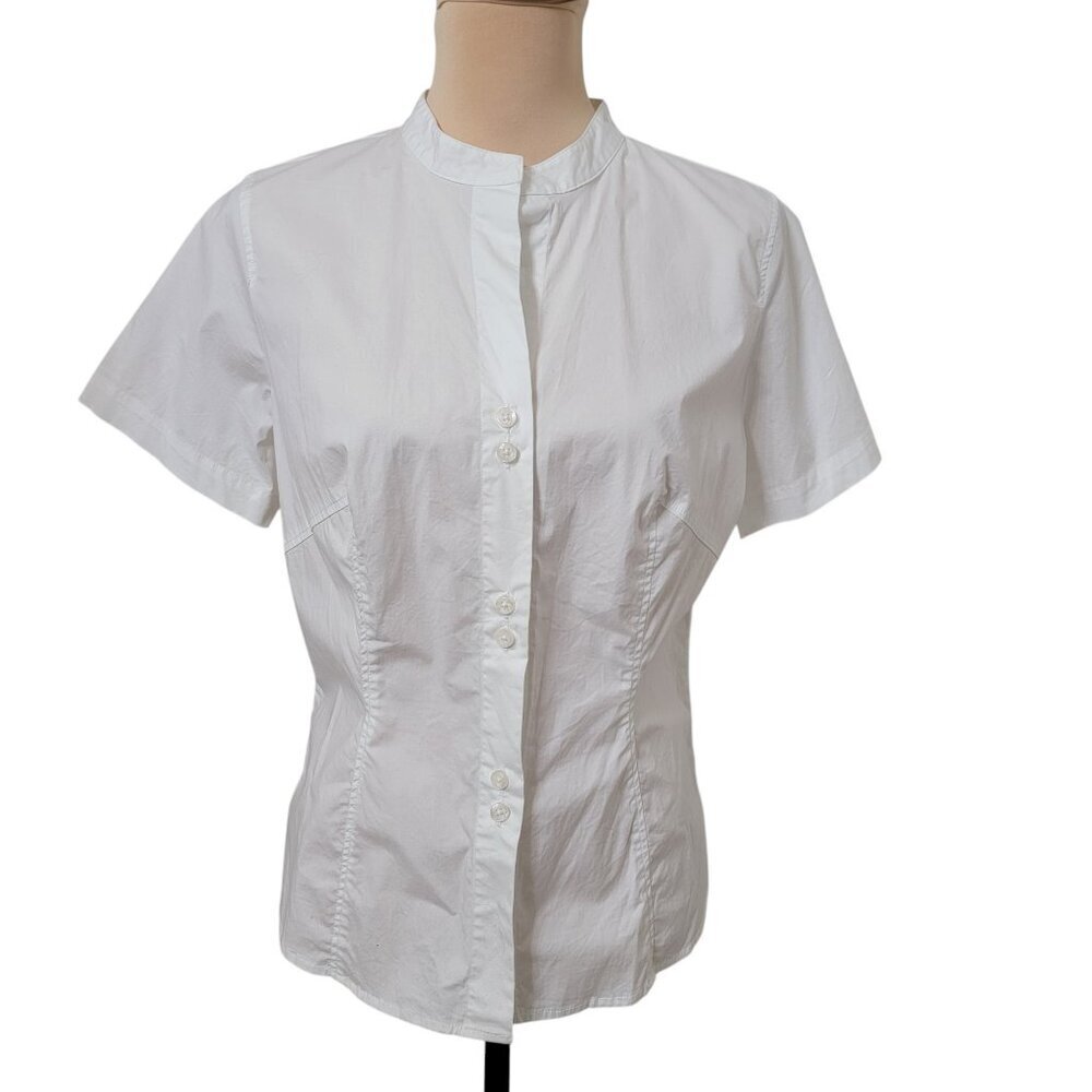 Mossimo Size L White Short Sleeve Button Down Shirt, Mock Neck with V-Notch